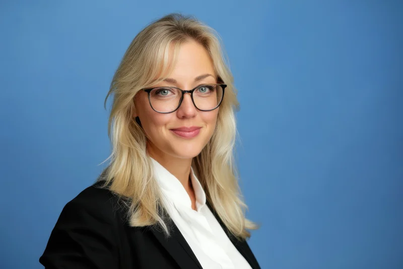 Professional woman in black blazer and white shirt smiling at camera against blue background