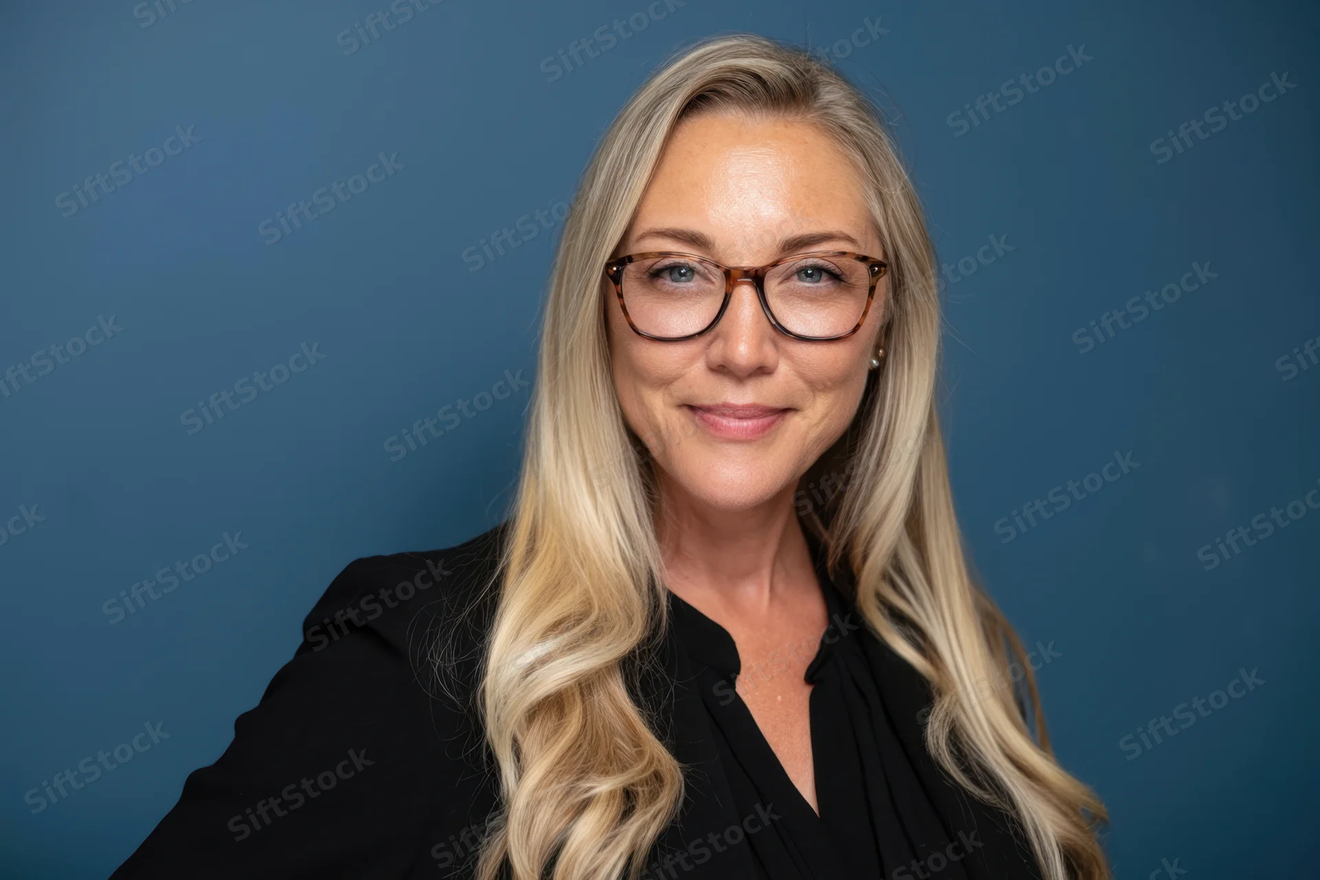 Smiling professional woman with long blonde hair and glasses in a black blazer against a blue background