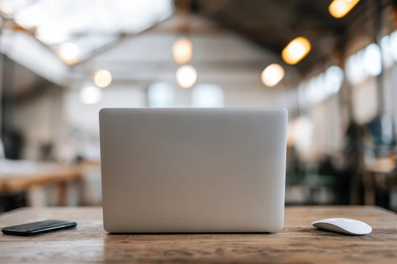 Silver laptop centered on wooden desk in bright office workspace