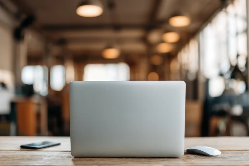 Silver laptop centered on wooden desk in bright office space