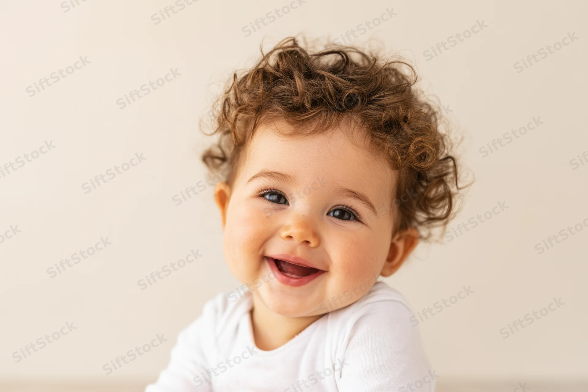 Smiling baby with curly hair wearing a white shirt in a studio setting