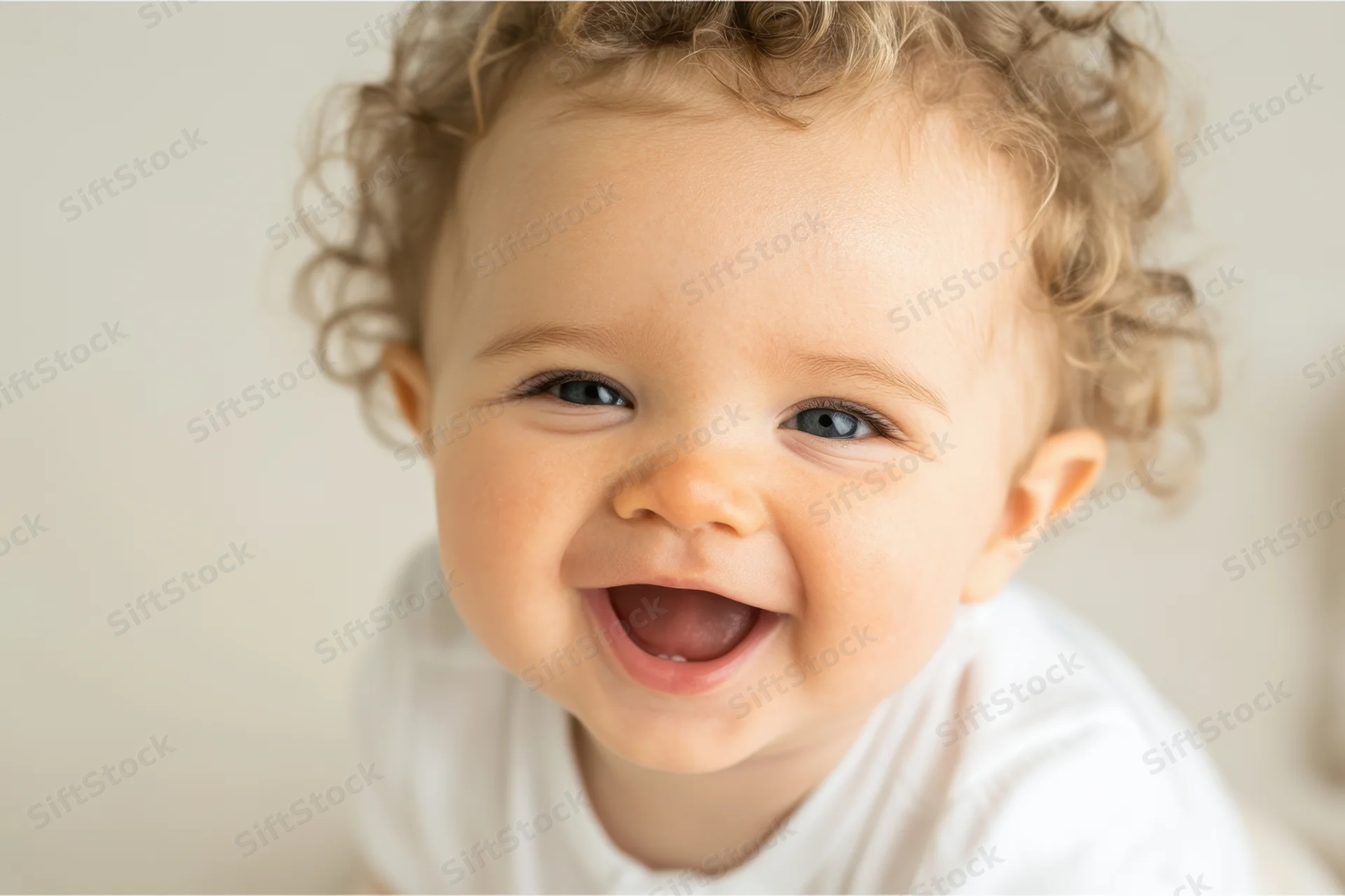 Smiling baby with curly hair wearing a white shirt in a soft-lit indoor setting