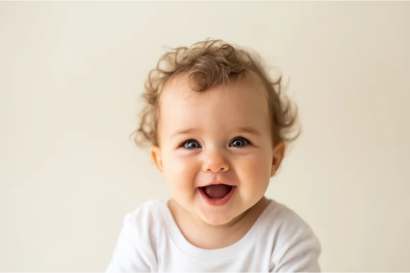 Smiling baby with curly hair wearing a white shirt in a studio setting