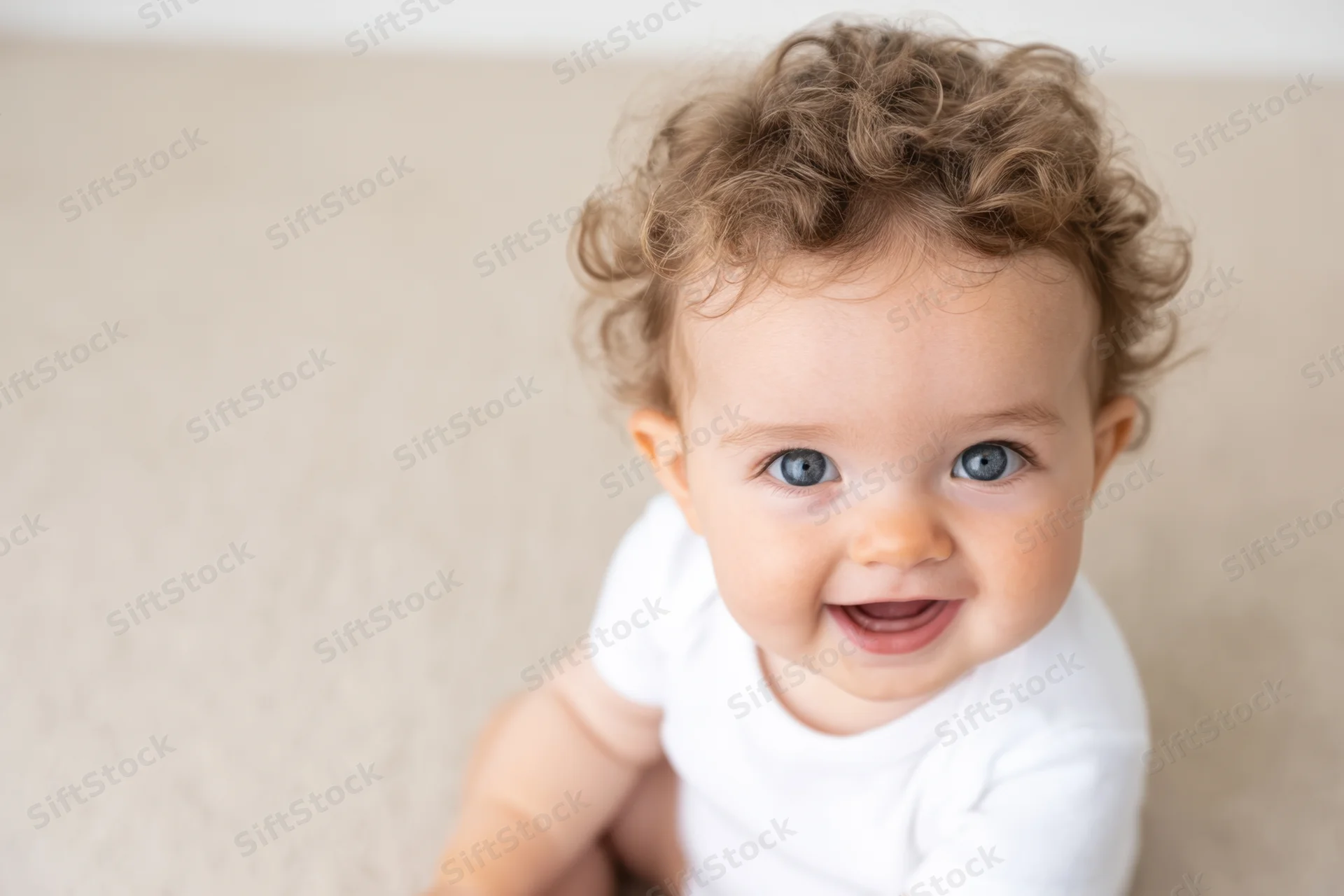 Smiling baby with curly hair wearing white shirt on carpeted floor