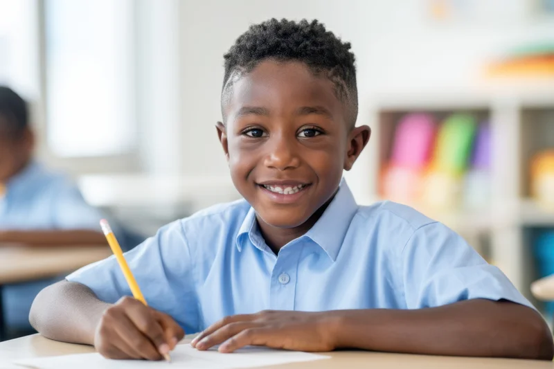 Smiling boy writing with a pencil at a desk in a classroom