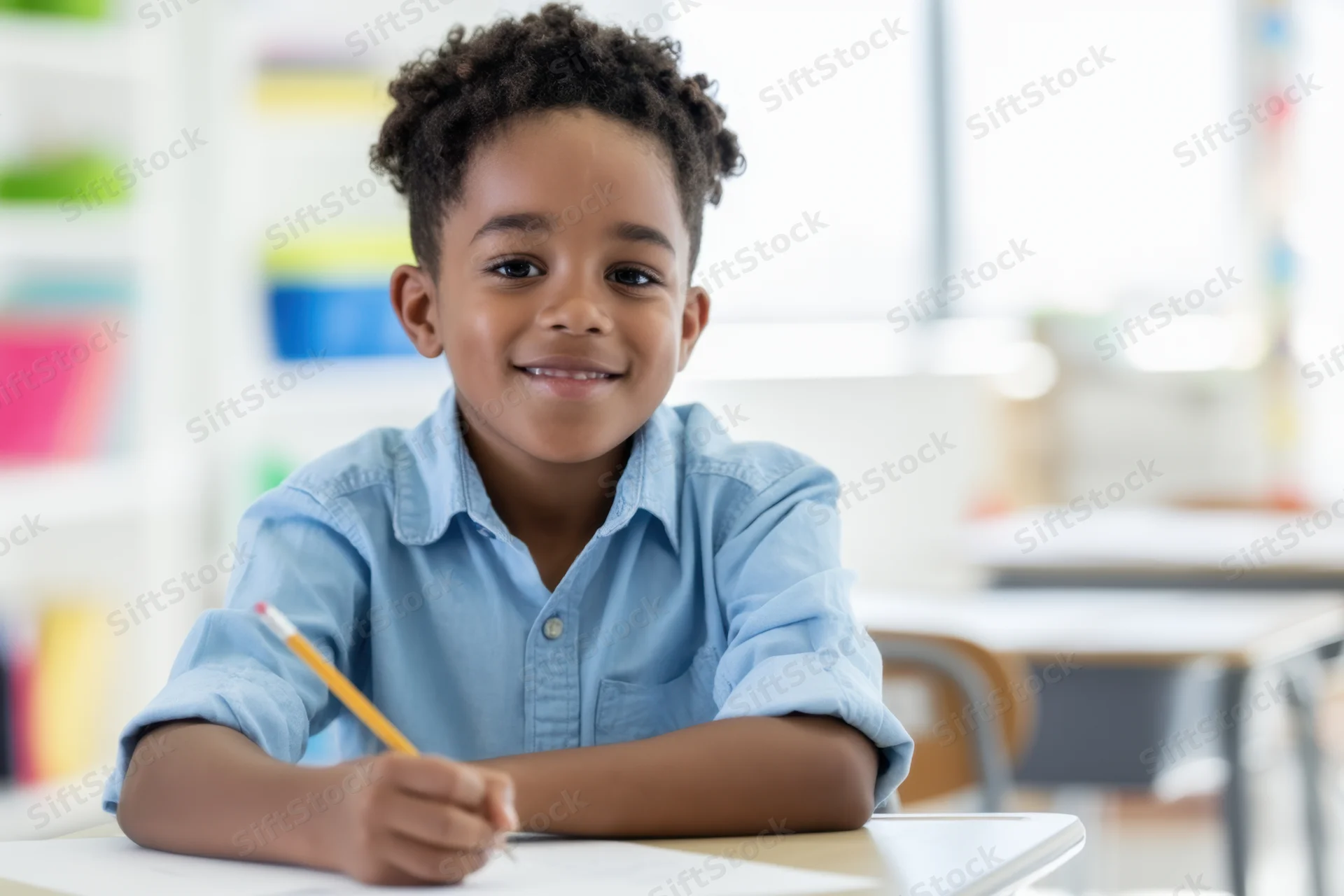 Smiling boy in light blue shirt writing at desk in classroom