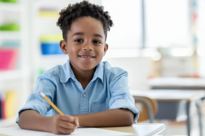 Smiling boy in light blue shirt writing at desk in classroom