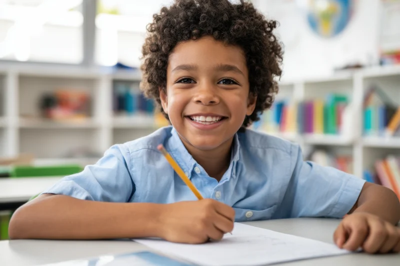 Smiling boy writing with pencil at desk in classroom