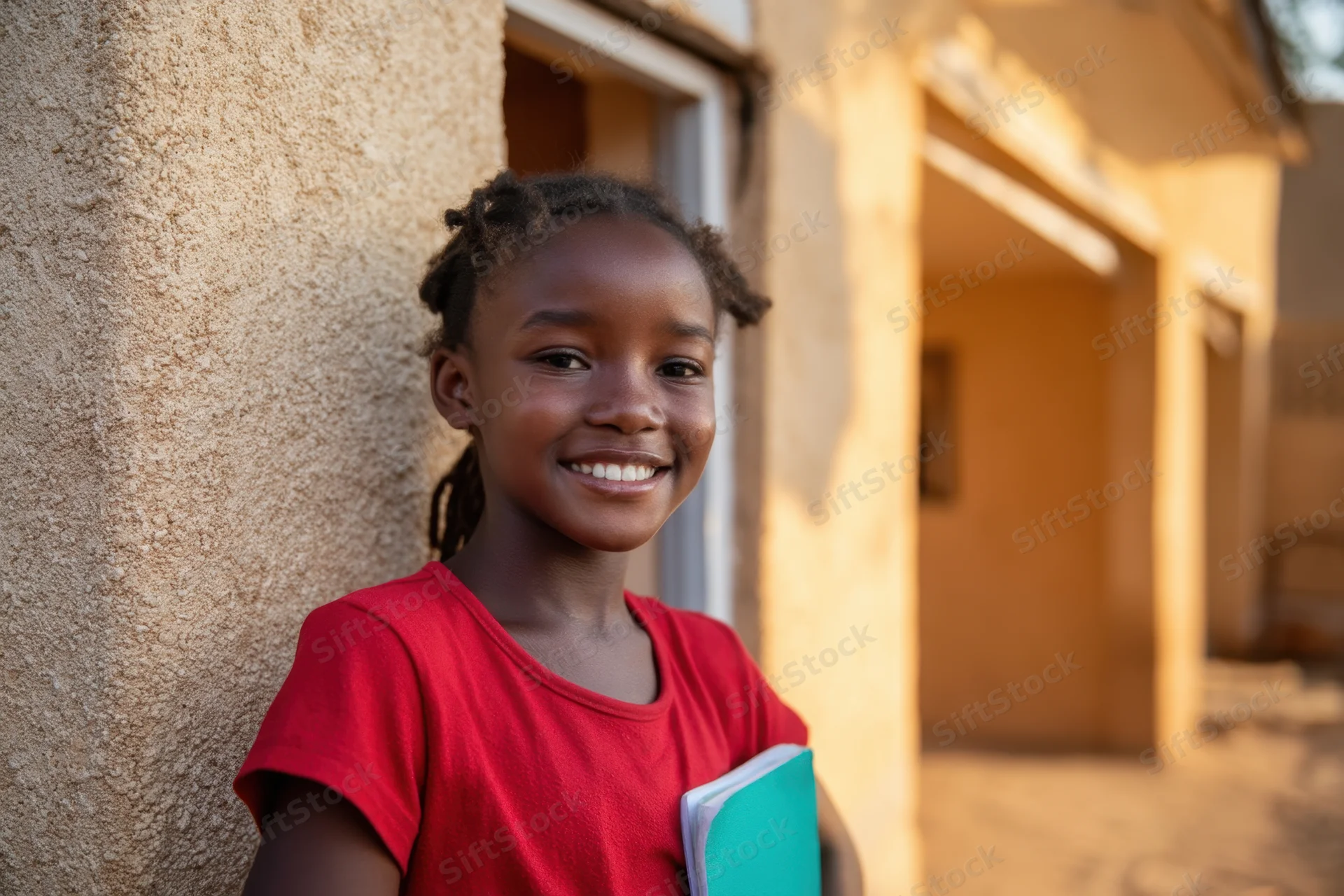Smiling girl in red shirt holding notebook outside school building