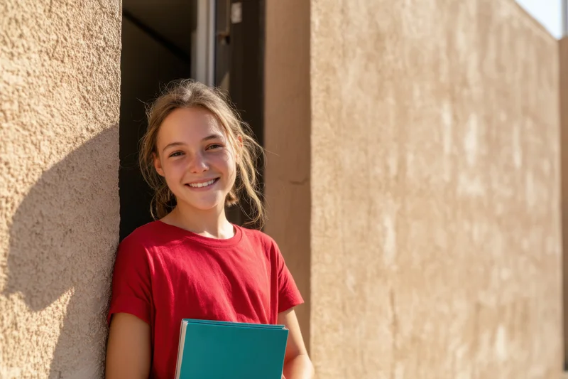 Smiling girl in red tshirt holding notebook leaning against doorway outside
