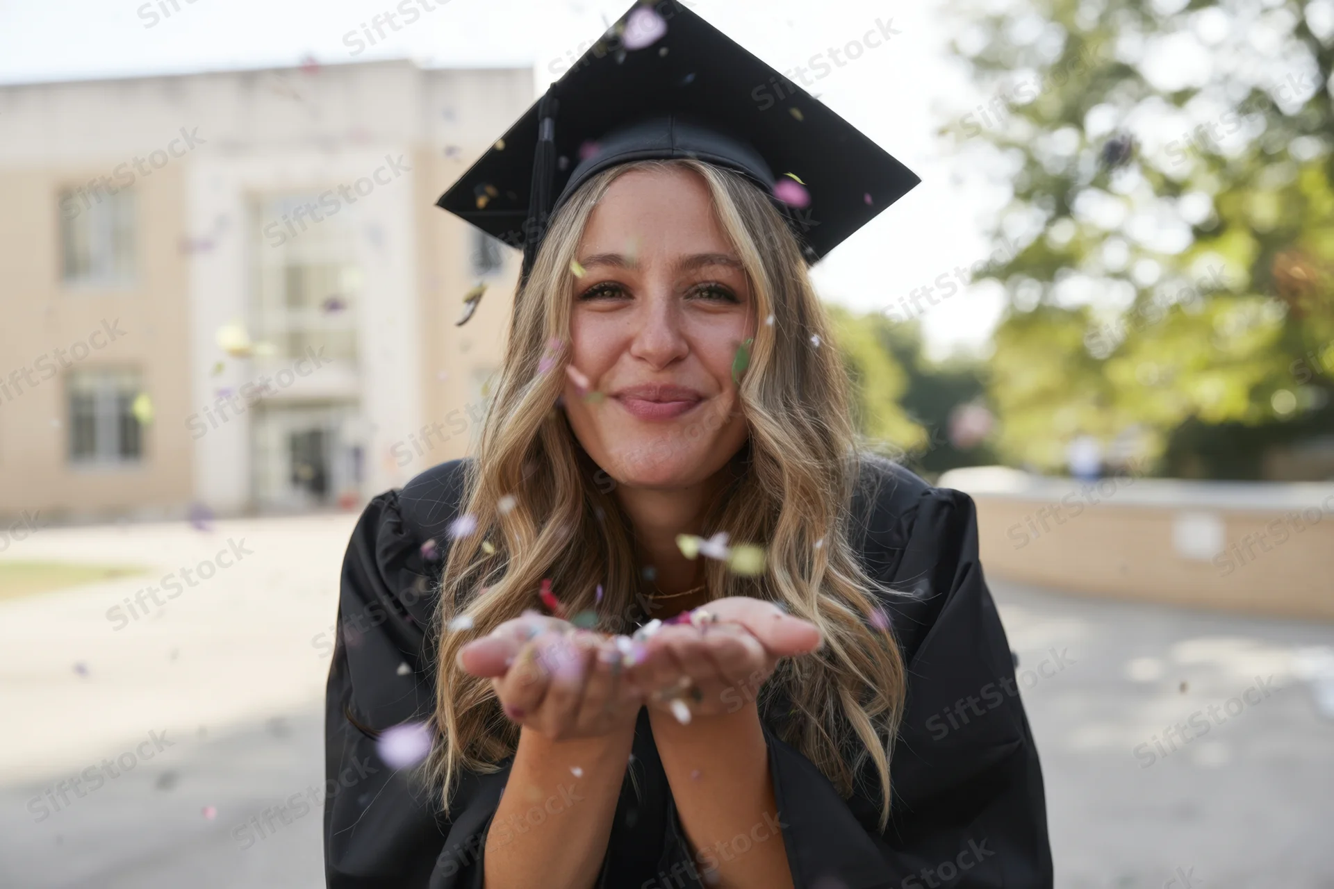 Smiling graduate woman in cap and gown blowing confetti outdoors on campus