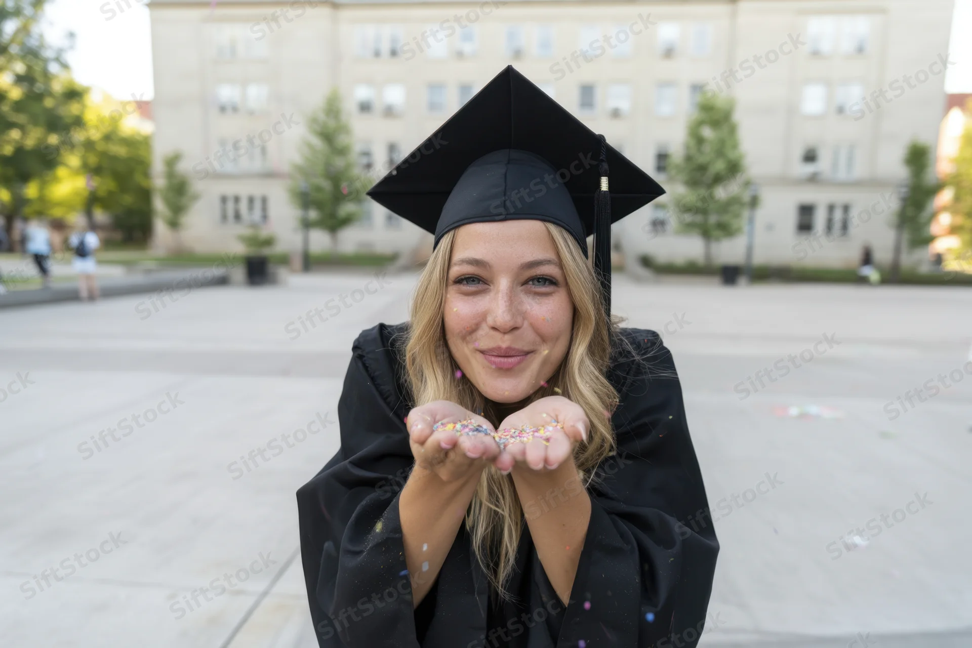 Smiling graduate woman in cap and gown blowing confetti on college campus