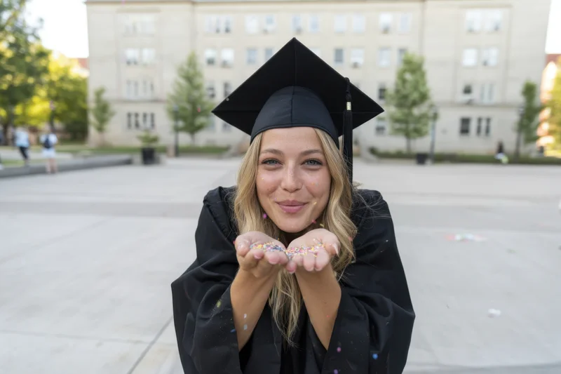 Smiling graduate woman in cap and gown blowing confetti on college campus