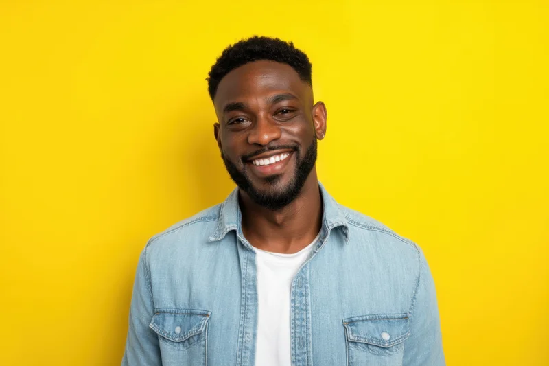 Smiling man in light denim shirt over white tee against yellow background