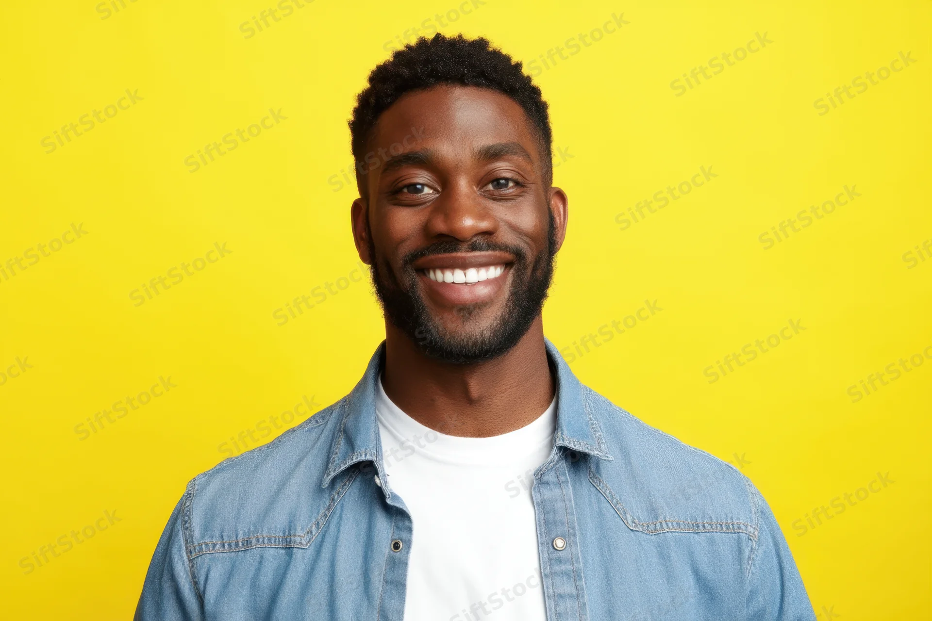 Smiling man in denim shirt over white tshirt against yellow background