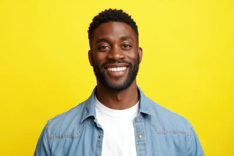 Smiling man in denim shirt over white tshirt against yellow background