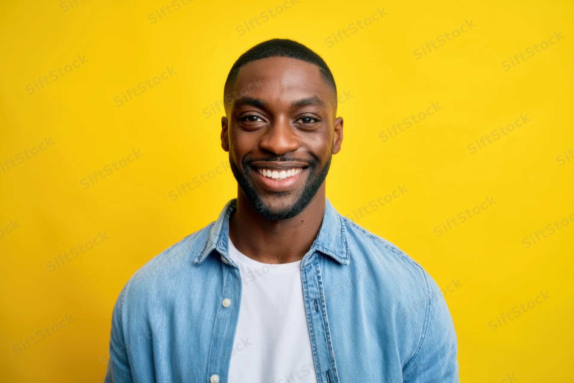 Smiling man in light denim shirt over white tee against yellow background
