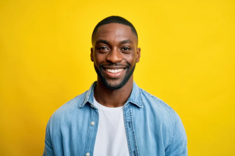 Smiling man in light denim shirt over white tee against yellow background