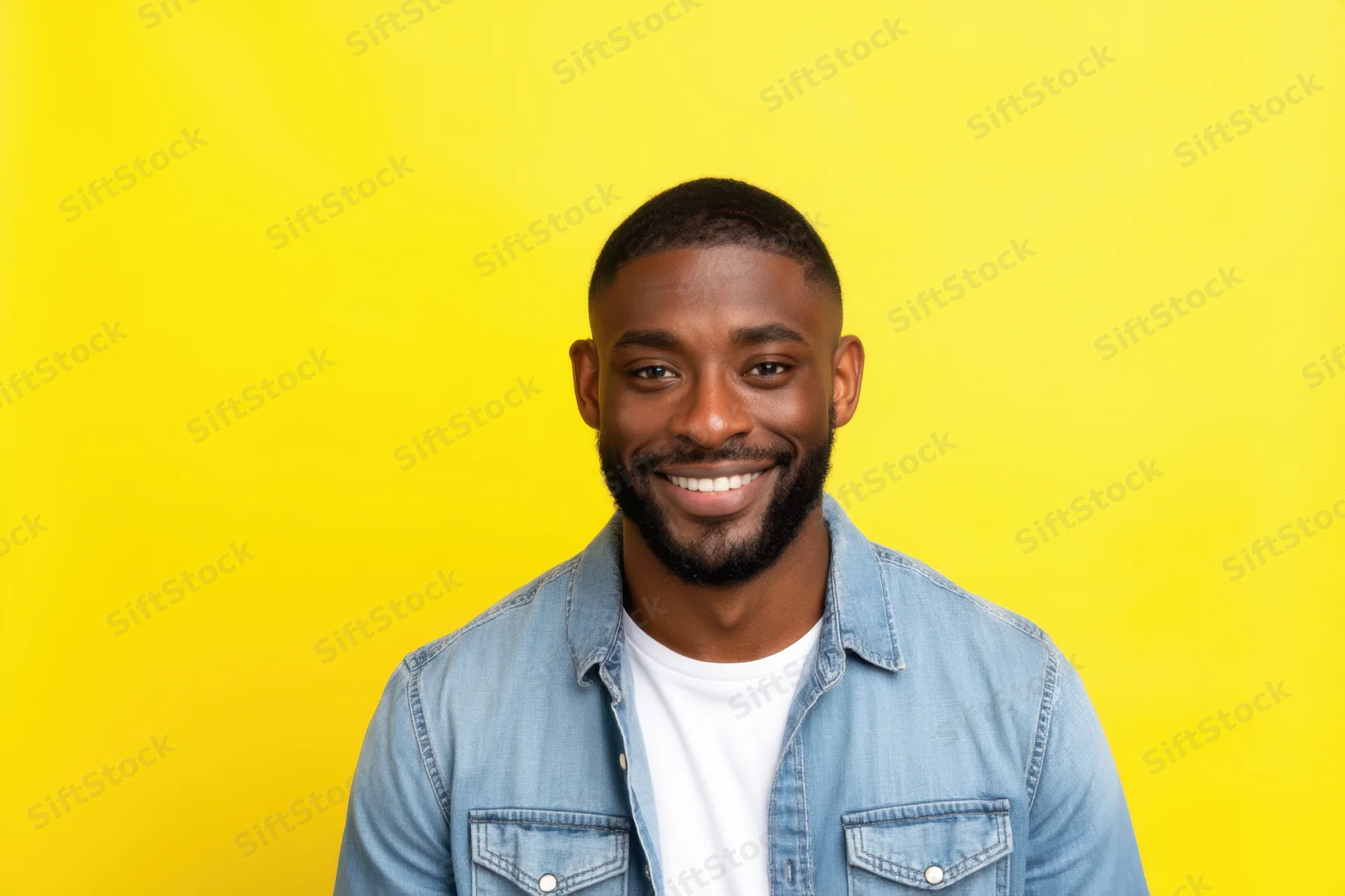 Smiling man in denim shirt over white tshirt against yellow background