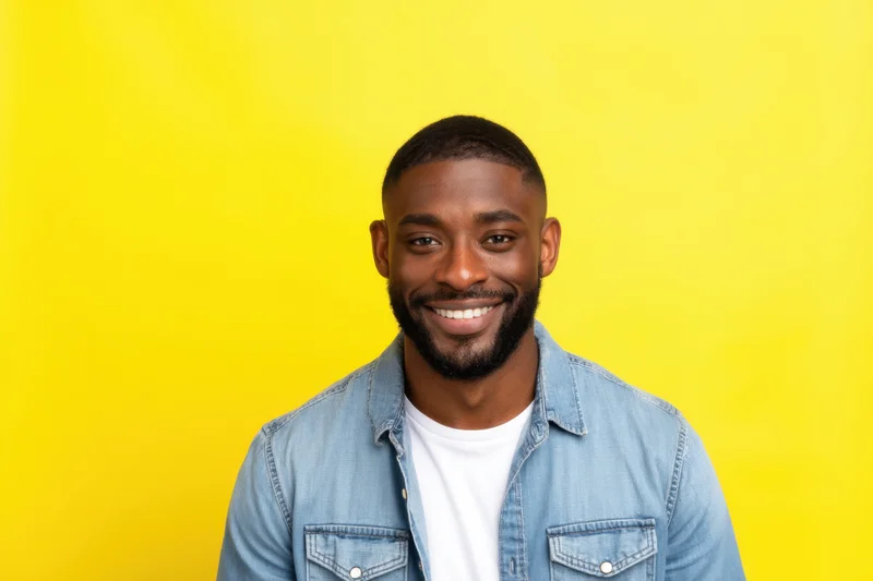 Smiling man in denim shirt over white tshirt against yellow background