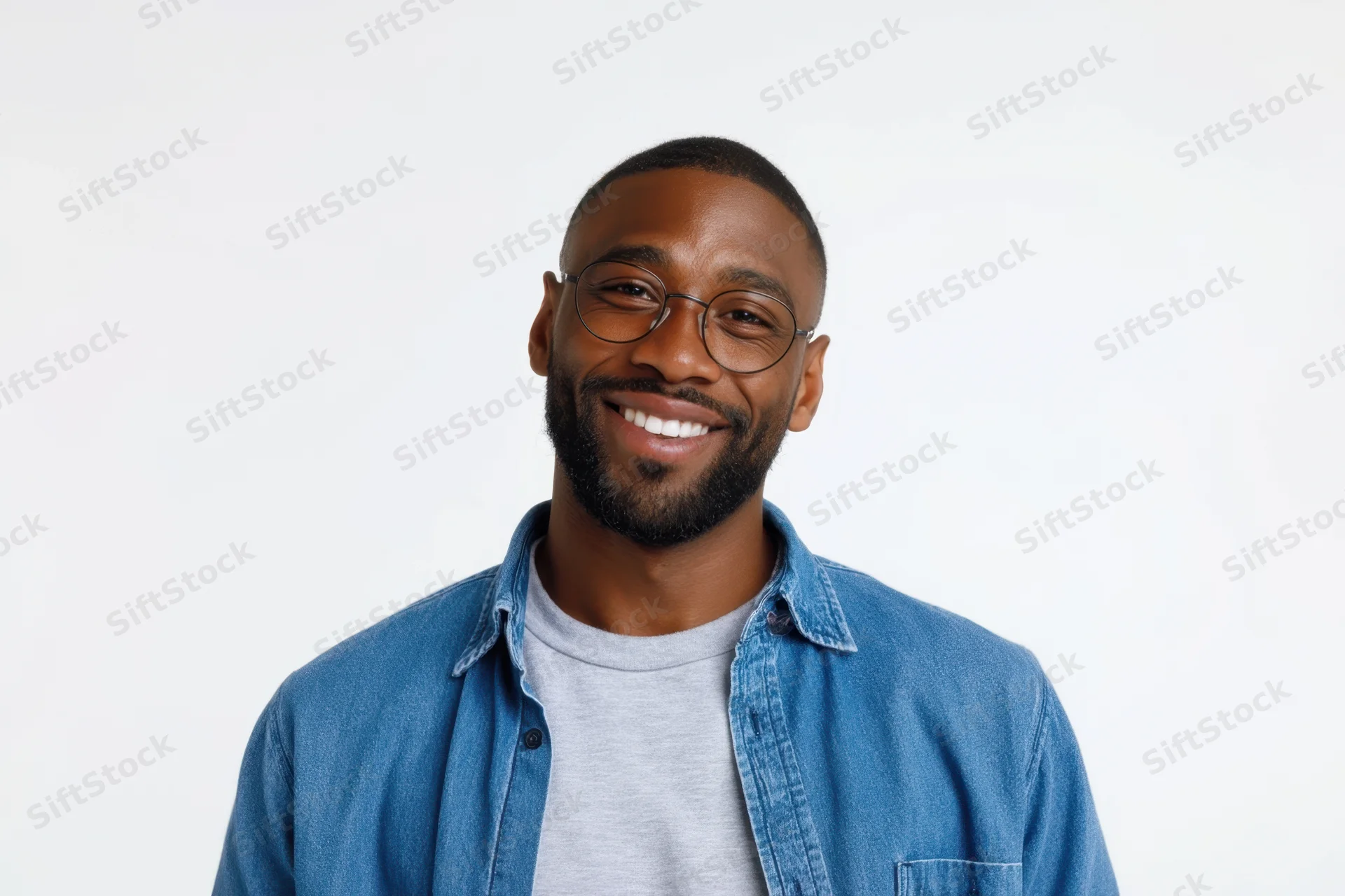 Smiling man with short dark hair and neatly trimmed beard wearing glasses and denim shirt over gray tshirt against white background