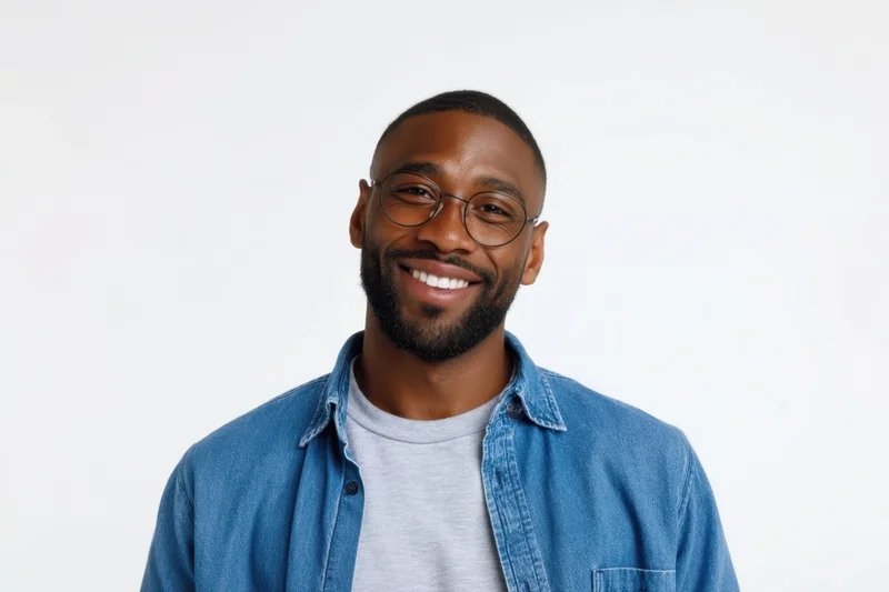 Smiling man with short dark hair and neatly trimmed beard wearing glasses and denim shirt over gray tshirt against white background