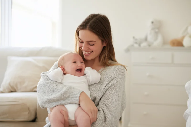 Mother smiling while cradling a laughing baby in a bright nursery