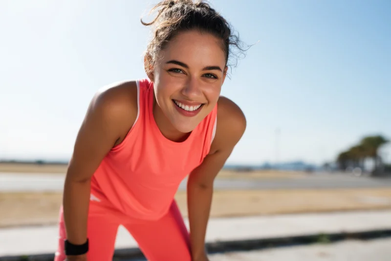 Smiling woman in coral athletic wear leaning forward outdoors on a sunny day