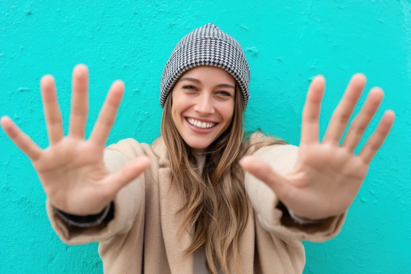 Smiling woman holding up both hands with fingers spread in front of a turquoise wall