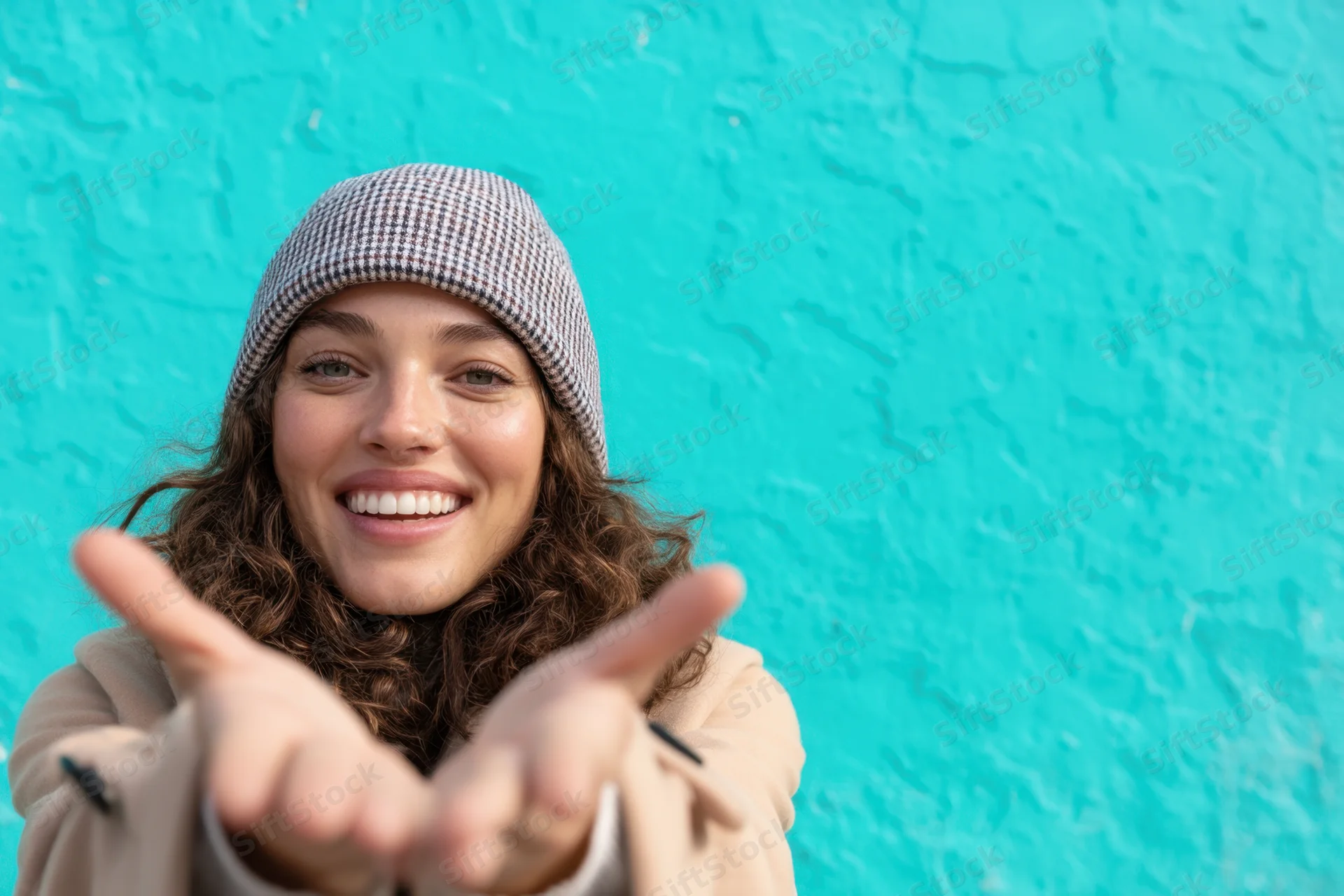Smiling woman pointing with both fingers toward camera in front of turquoise wall