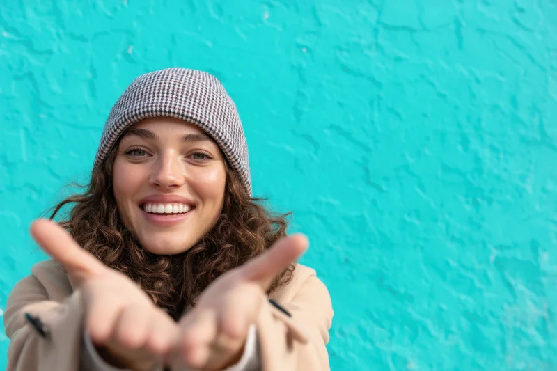 Smiling woman pointing with both fingers toward camera in front of turquoise wall