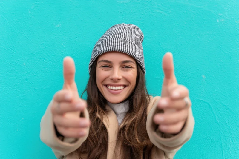 Smiling woman giving thumbs up against turquoise wall