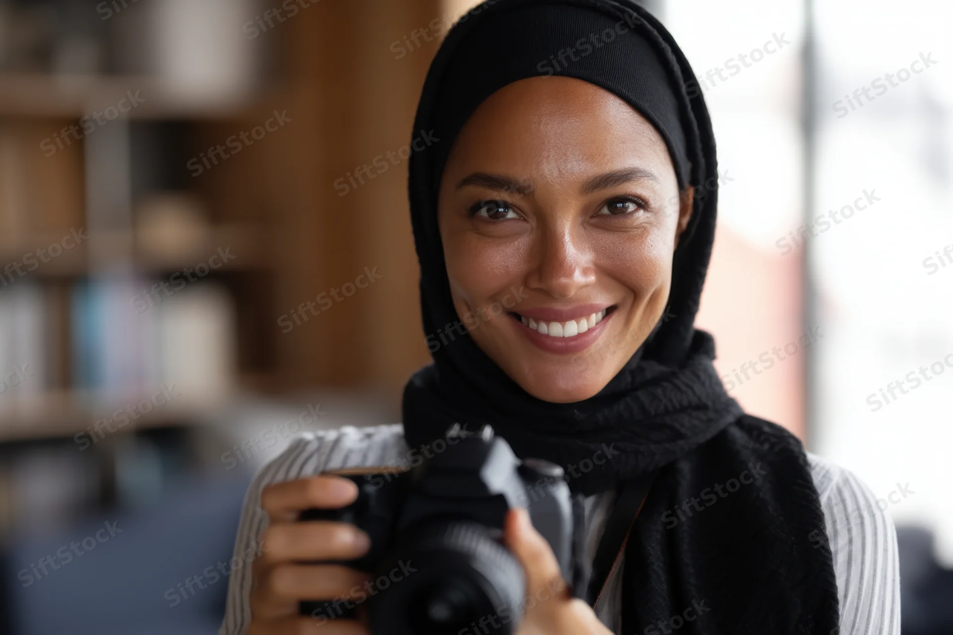 Smiling woman in black hijab holding dslr camera indoors