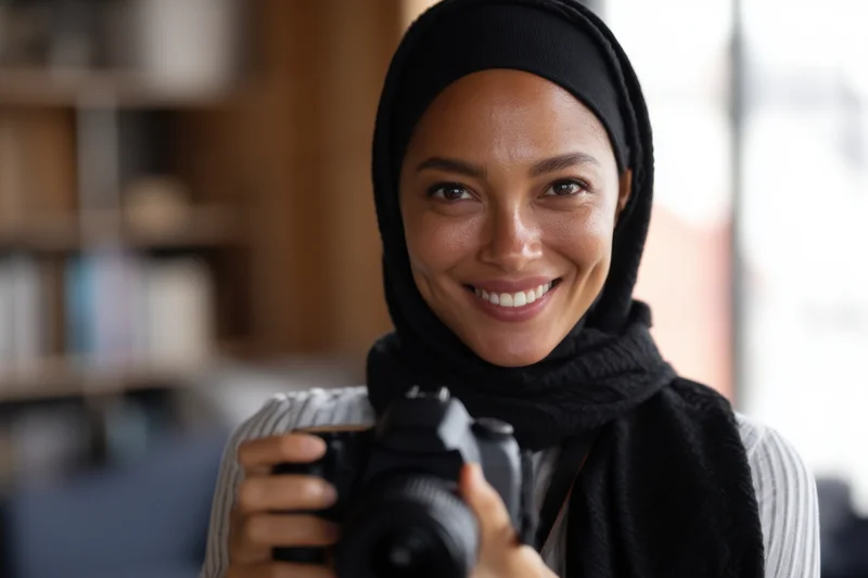 Smiling woman in black hijab holding dslr camera indoors