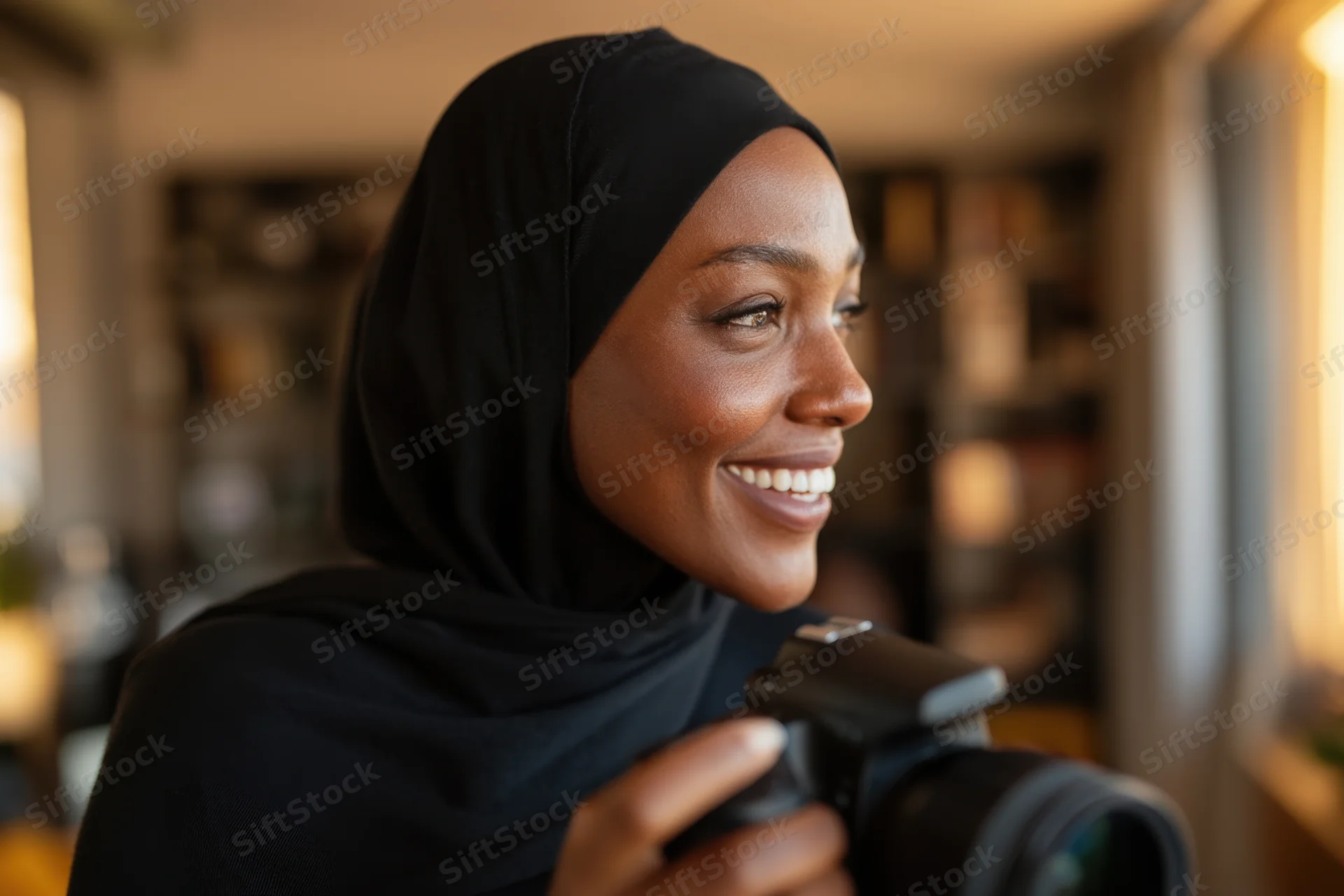 Smiling woman in black hijab holding dslr camera indoors