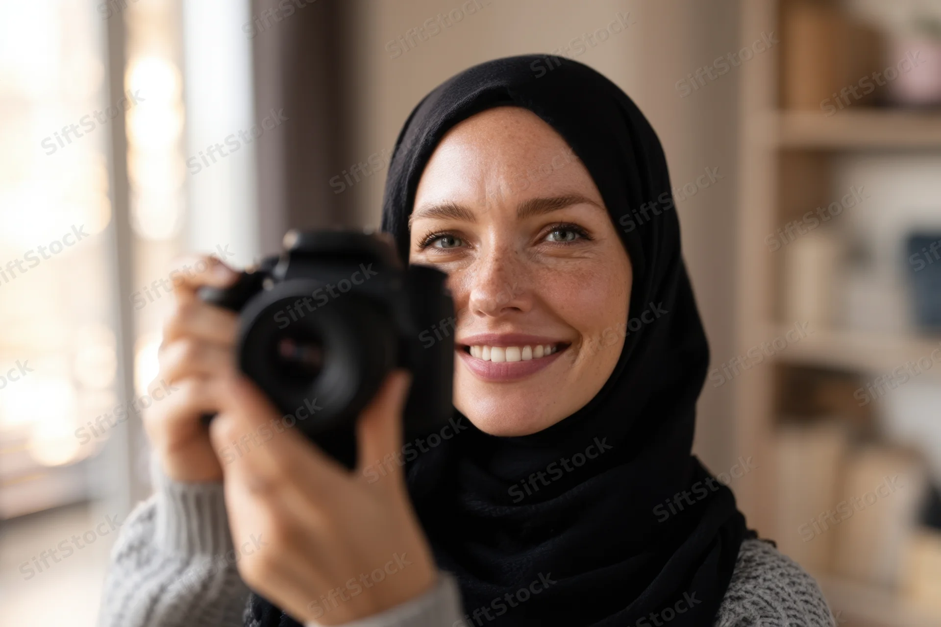 Smiling woman in black hijab holding dslr camera indoors