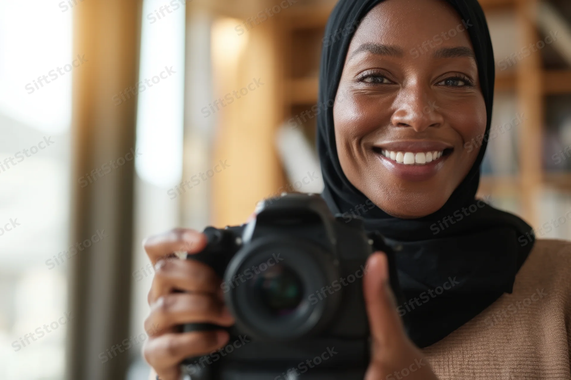 Smiling woman in black hijab holding dslr camera indoors