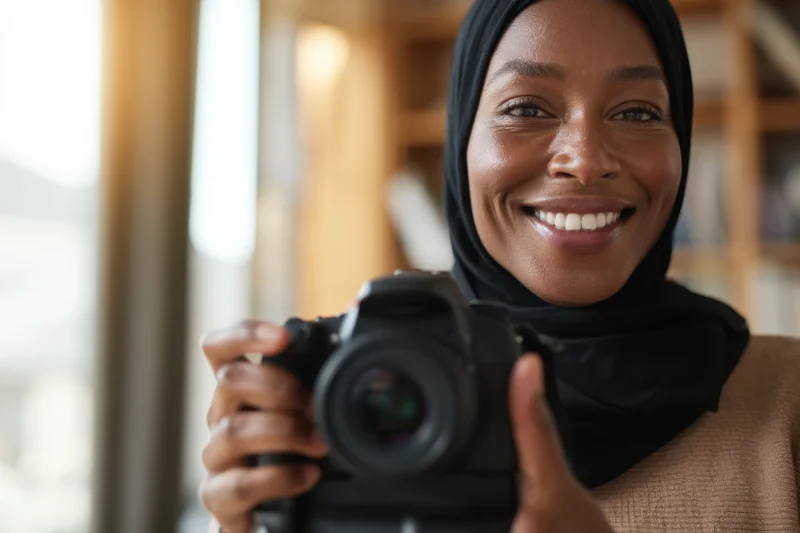 Smiling woman in black hijab holding dslr camera indoors