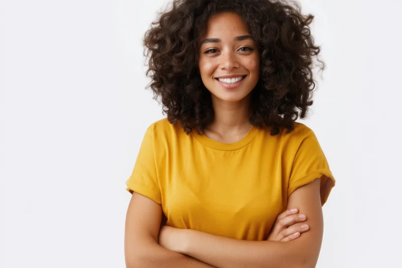Smiling woman with curly hair wearing yellow tshirt, arms crossed, in studio portrait