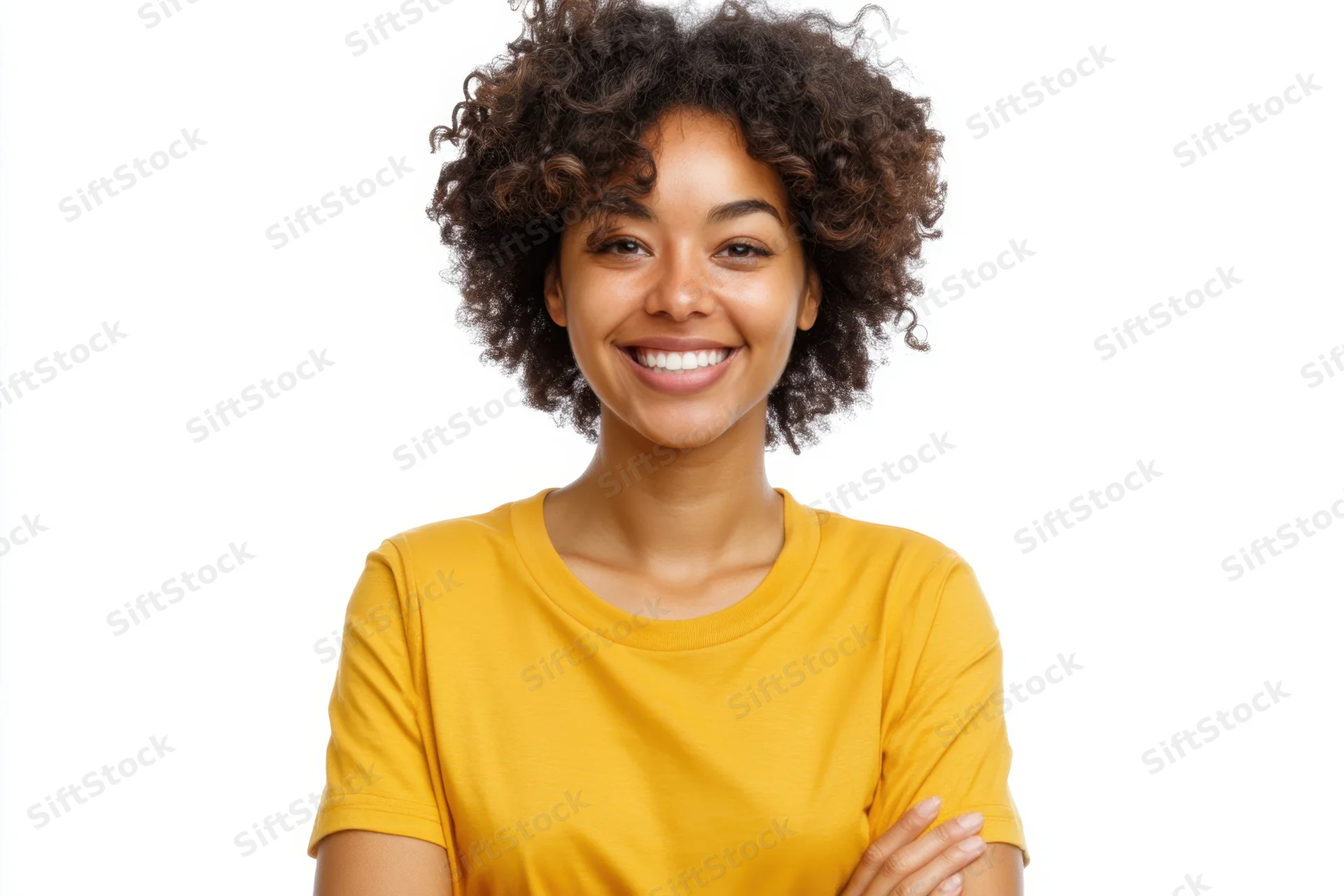 Smiling woman with curly hair wearing yellow tshirt in studio portrait