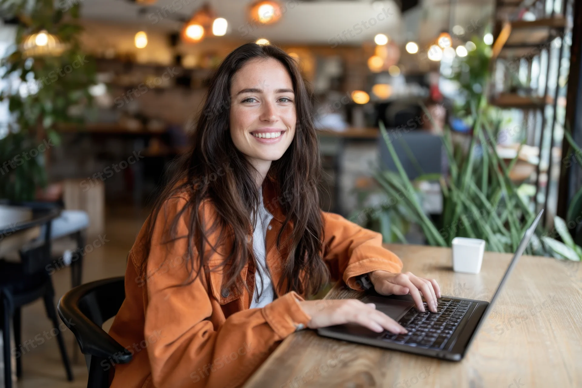 Smiling woman working on laptop at wooden table in cafe
