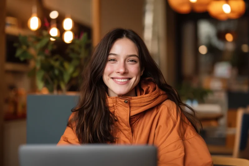 Smiling woman in orange jacket using laptop in cozy cafe interior