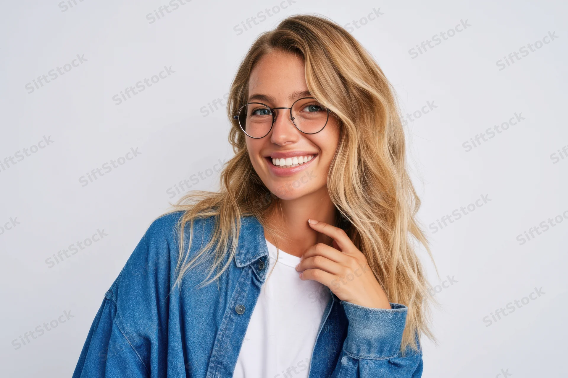 Smiling woman with long wavy blonde hair wearing round glasses and a blue denim jacket over a white tshirt, posing in a studio with copyspace