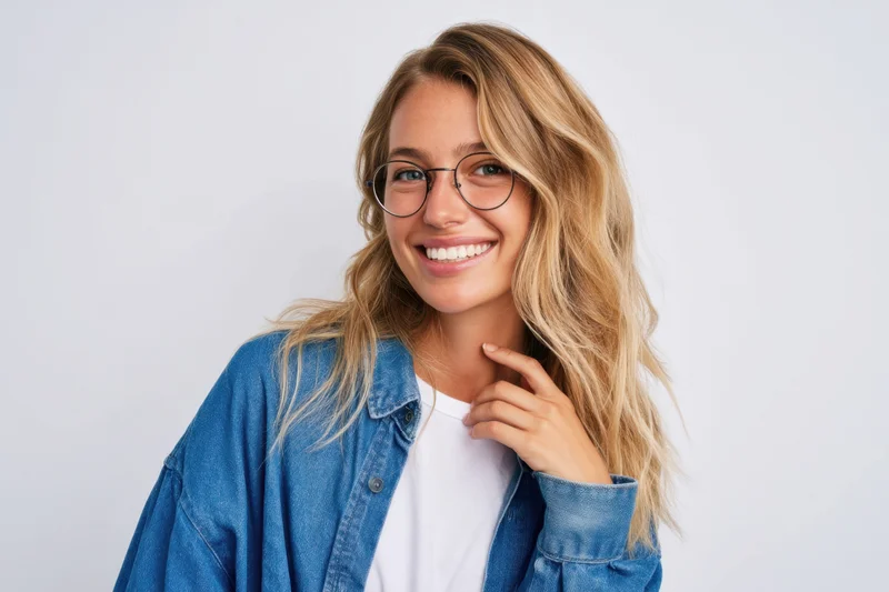 Smiling woman with long wavy blonde hair wearing round glasses and a blue denim jacket over a white tshirt, posing in a studio with copyspace