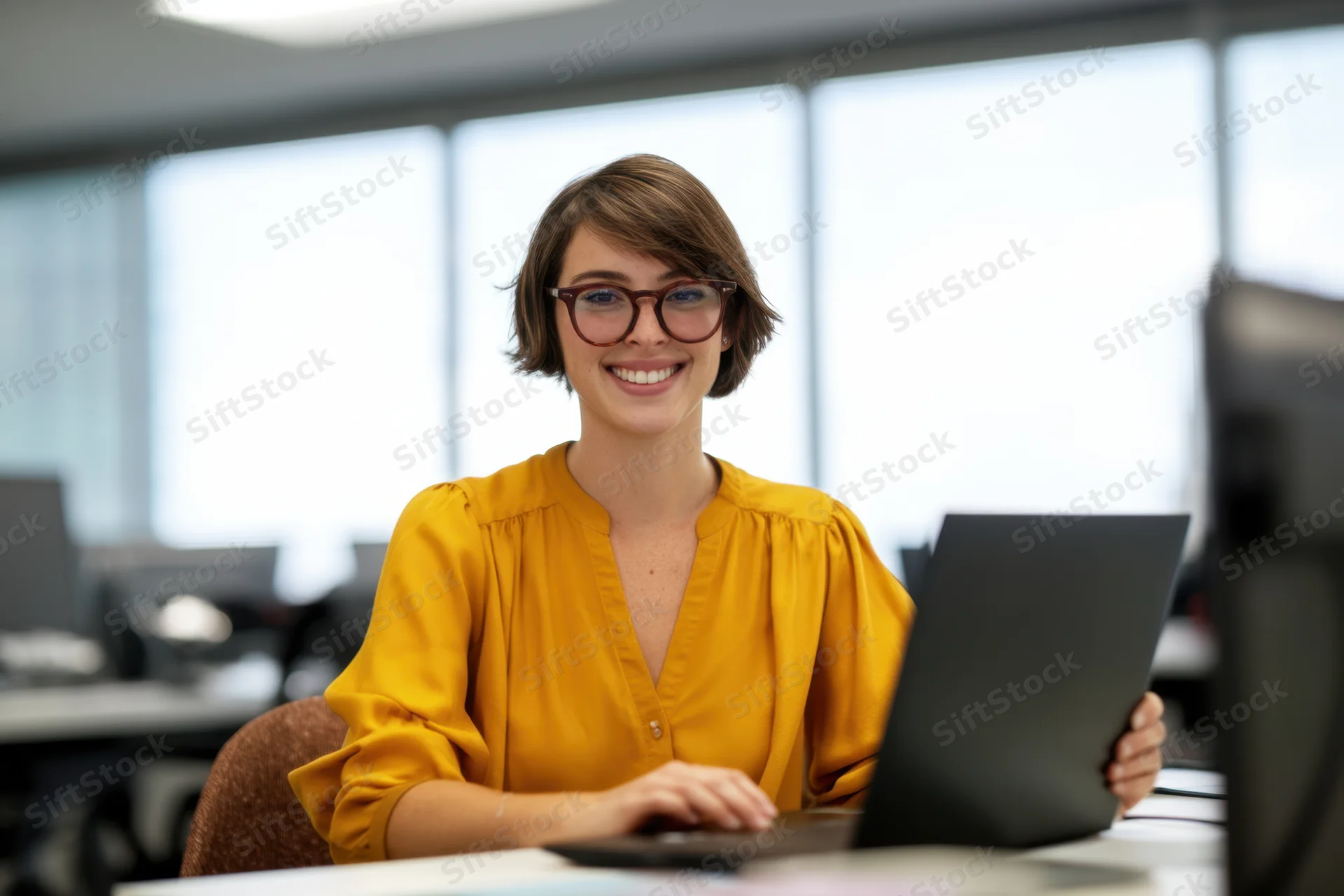 Smiling woman in yellow blouse using laptop at office desk