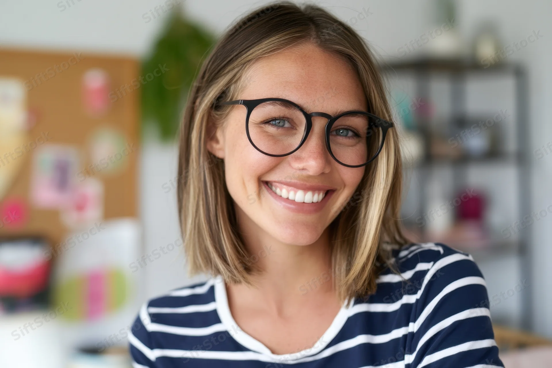 Smiling woman with black-rimmed glasses and shoulder-length hair wearing a navy and white striped shirt in a bright office setting