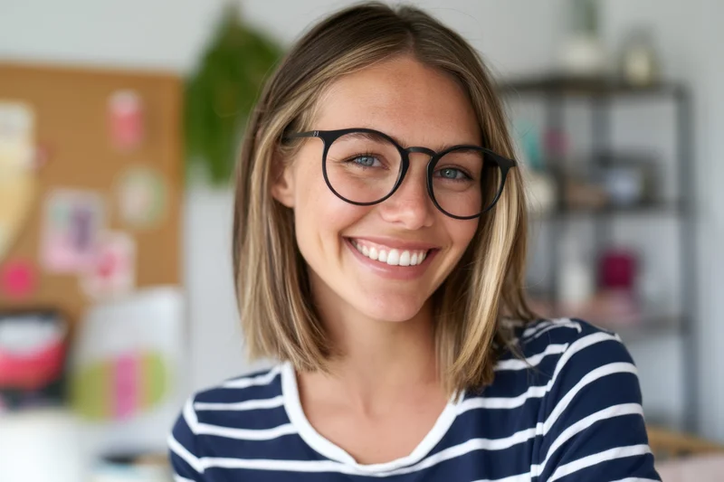 Smiling woman with black-rimmed glasses and shoulder-length hair wearing a navy and white striped shirt in a bright office setting