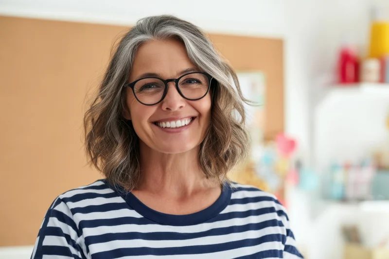 Smiling middleaged woman with gray hair and black-rimmed glasses wearing striped shirt in classroom setting