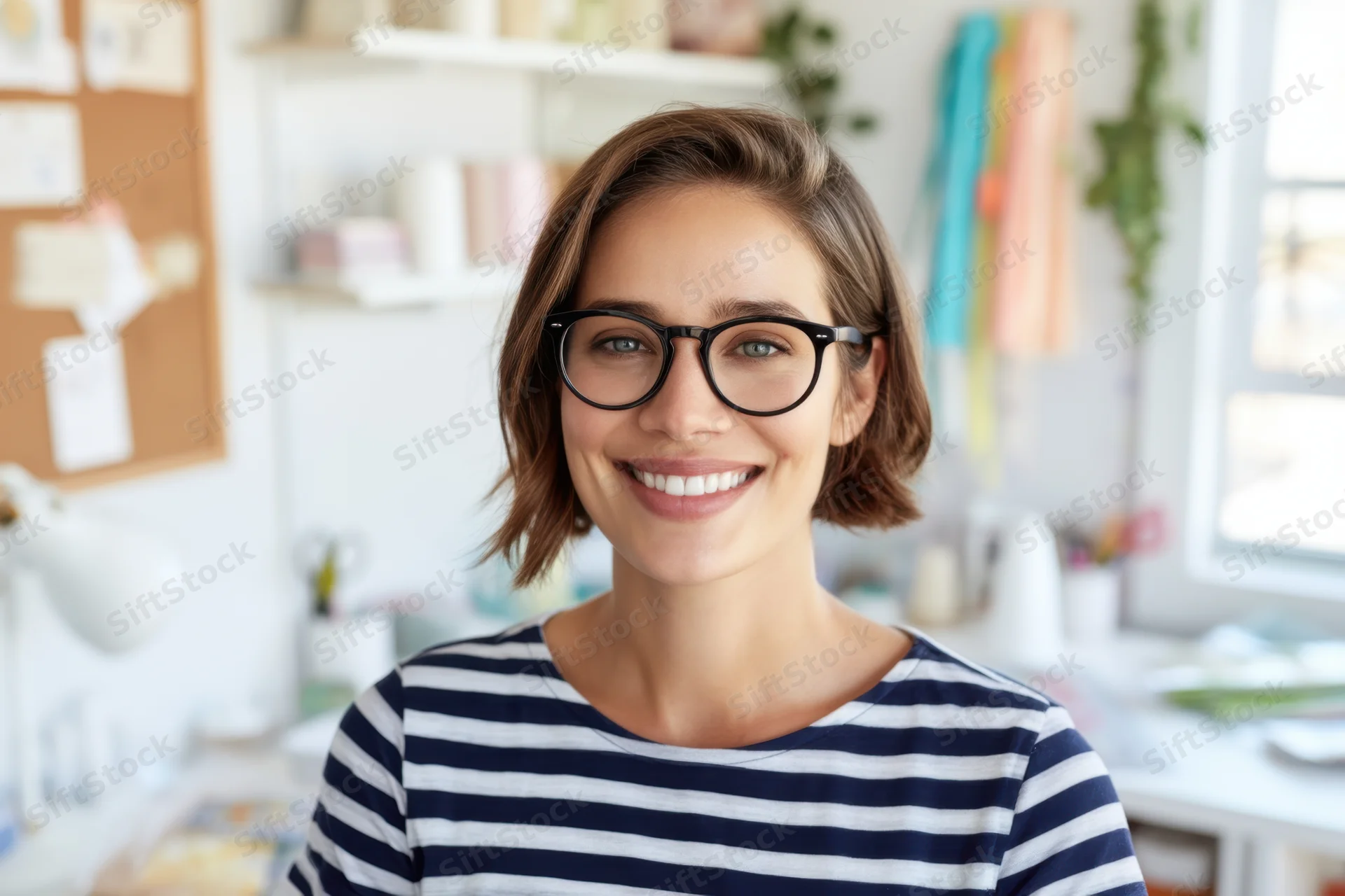 Smiling woman with black-rimmed glasses and shoulder-length hair in a craft studio wearing a striped shirt