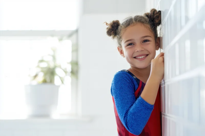 Young girl in blue and red gymnastics leotard smiling while leaning against a tiled wall indoors